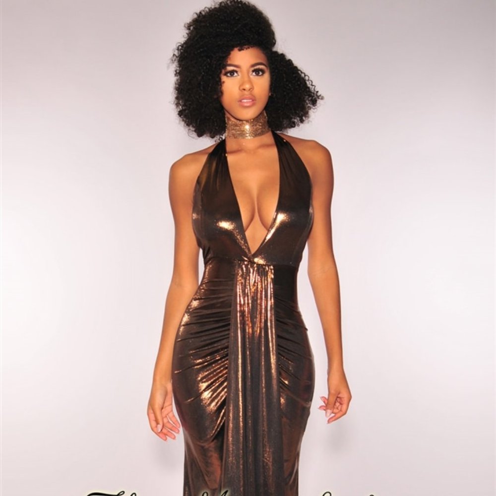 Liquid Bronze Metallic Draped Halter Top Dress
